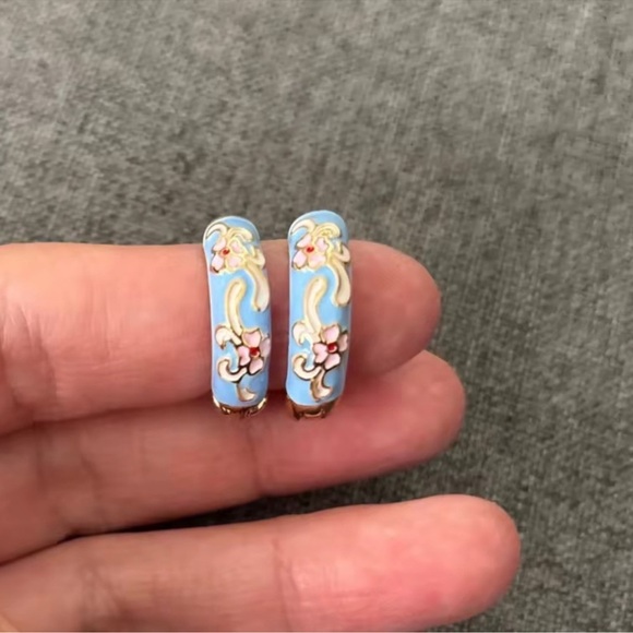 Blue Floral Gold Hoop Earrings - Picture 6 of 7